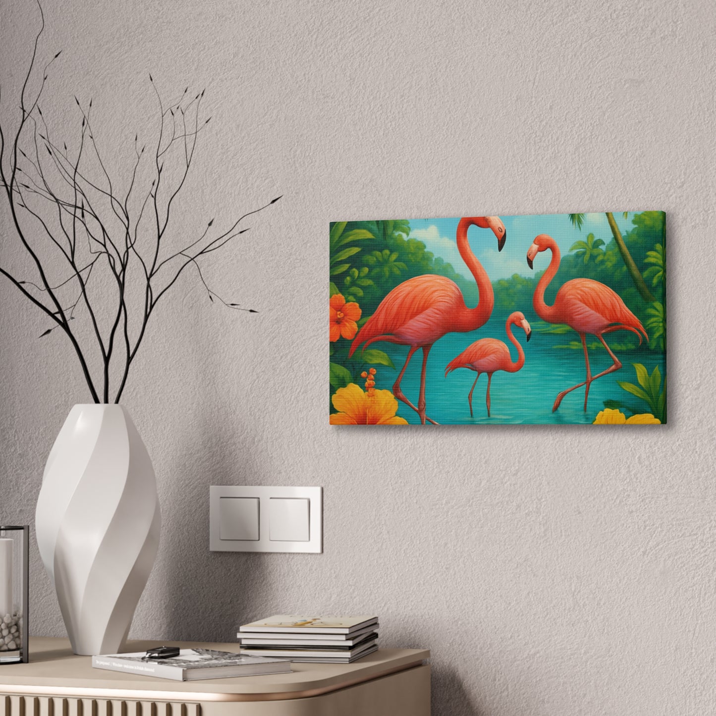 Canvas Wall Art, Tropical Flamingo Scene, Vibrant Nature Decor, Perfect for Living Room, Beach House, Birthday Gift