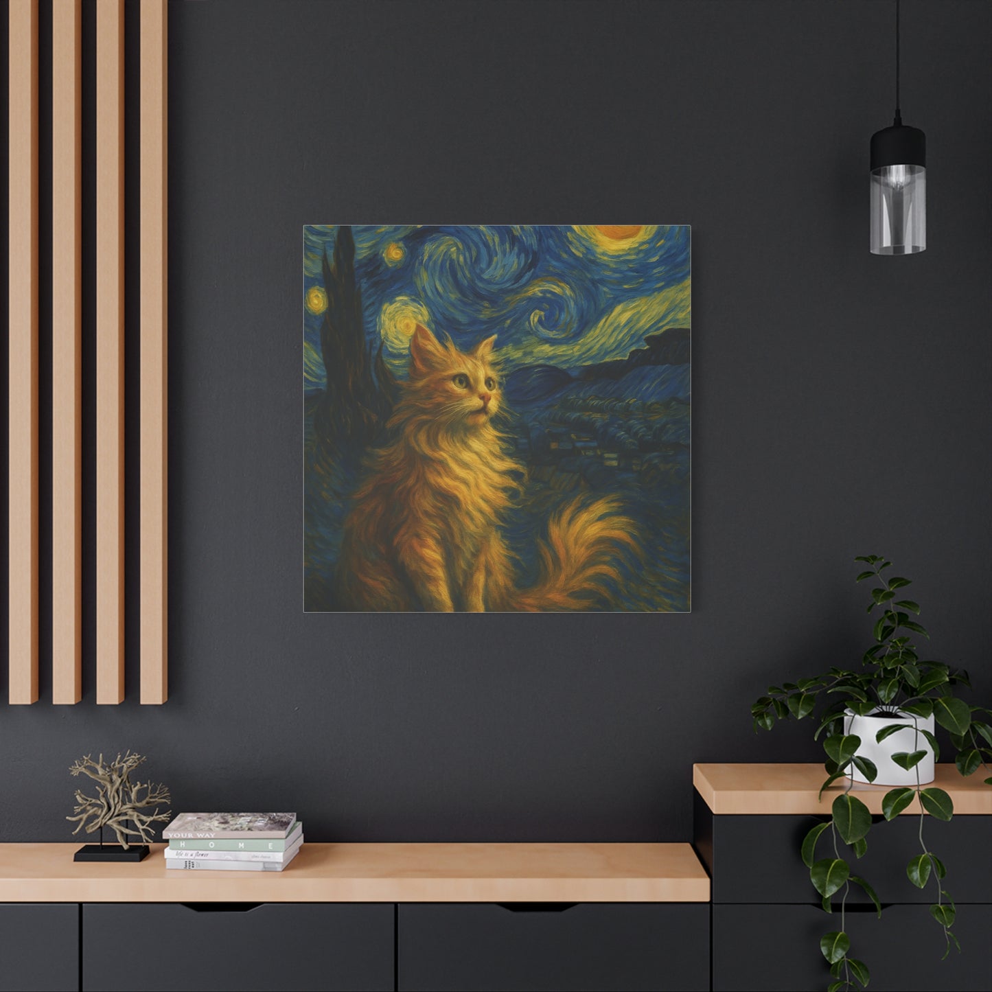 Canvas Print, Cat in Starry Night, Funny Cats, Colourful Vibrant, Matte Wall Art, Stretched Canvas, Home Decor, Gift for Cat Lovers