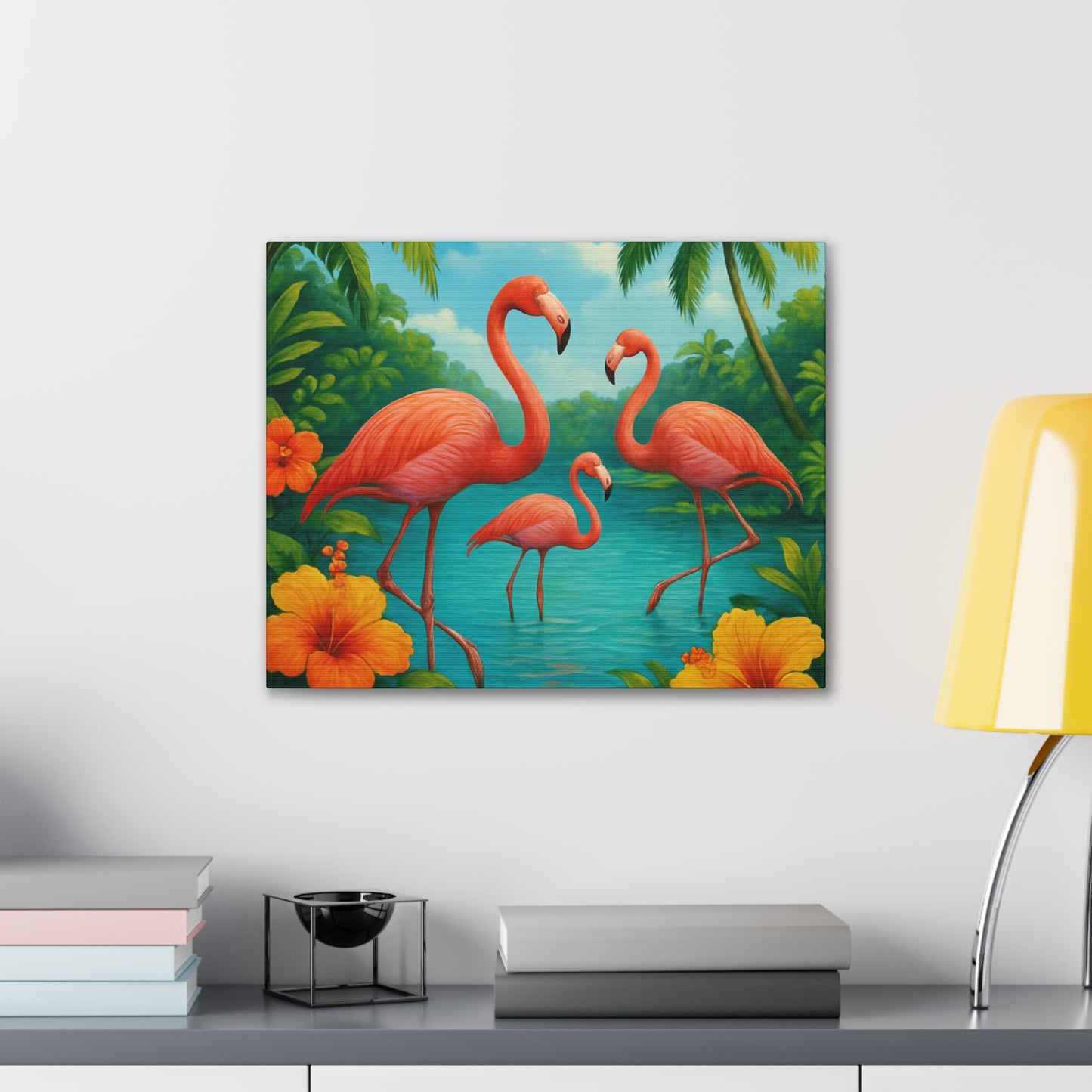 Canvas Wall Art, Tropical Flamingo Scene, Vibrant Nature Decor, Perfect for Living Room, Beach House, Birthday Gift