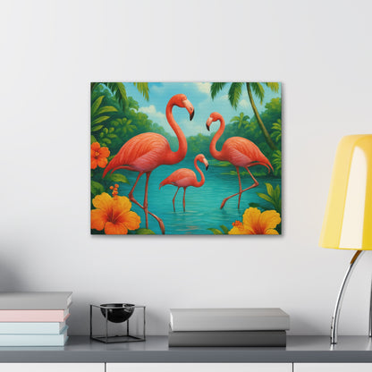 Canvas Wall Art, Tropical Flamingo Scene, Vibrant Nature Decor, Perfect for Living Room, Beach House, Birthday Gift