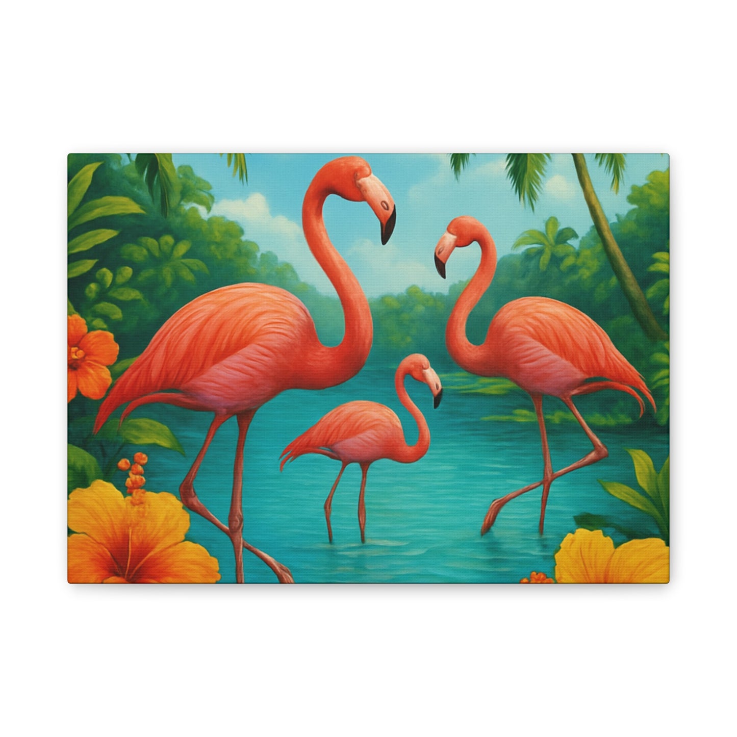 Canvas Wall Art, Tropical Flamingo Scene, Vibrant Nature Decor, Perfect for Living Room, Beach House, Birthday Gift