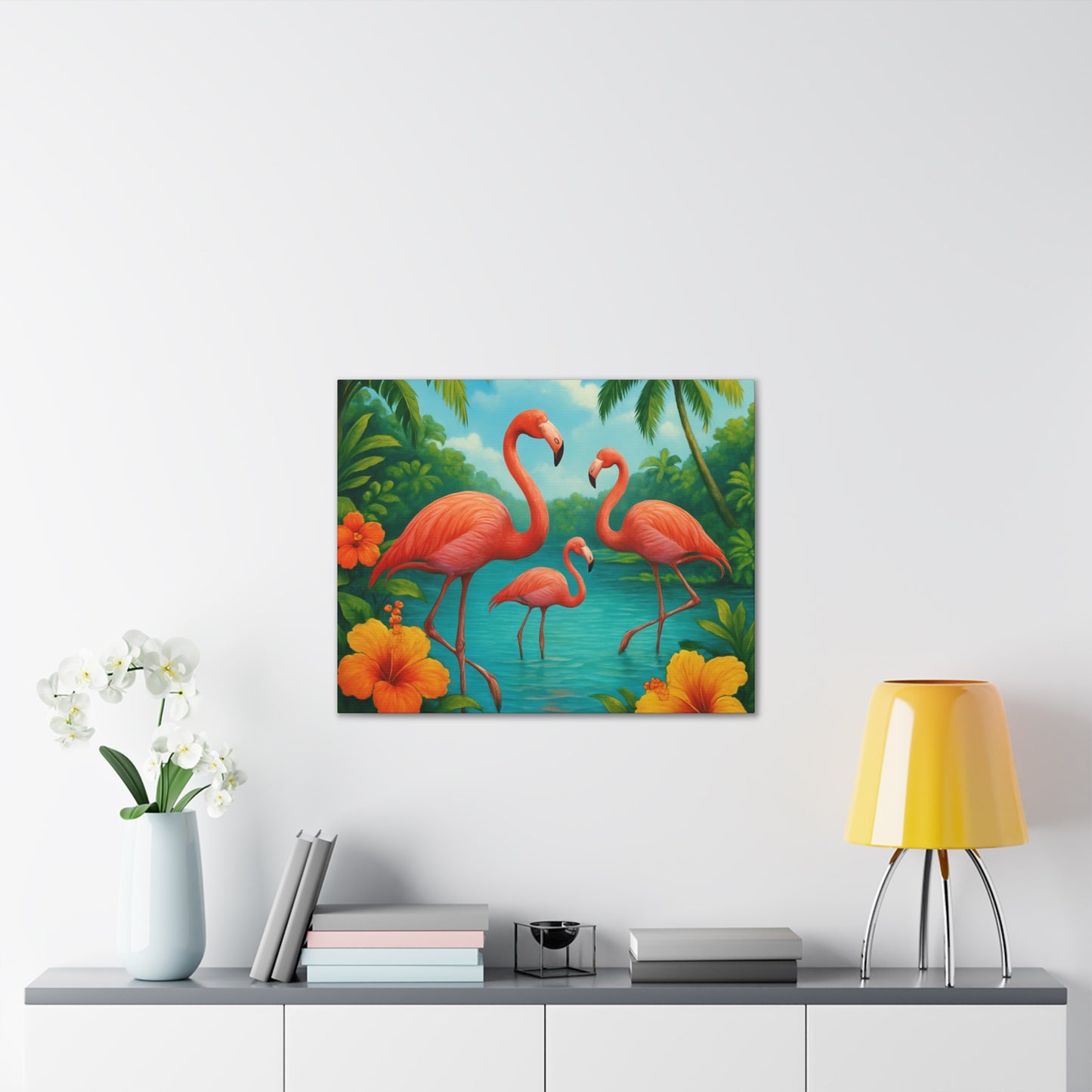 Canvas Wall Art, Tropical Flamingo Scene, Vibrant Nature Decor, Perfect for Living Room, Beach House, Birthday Gift