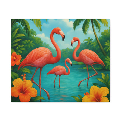 Canvas Wall Art, Tropical Flamingo Scene, Vibrant Nature Decor, Perfect for Living Room, Beach House, Birthday Gift