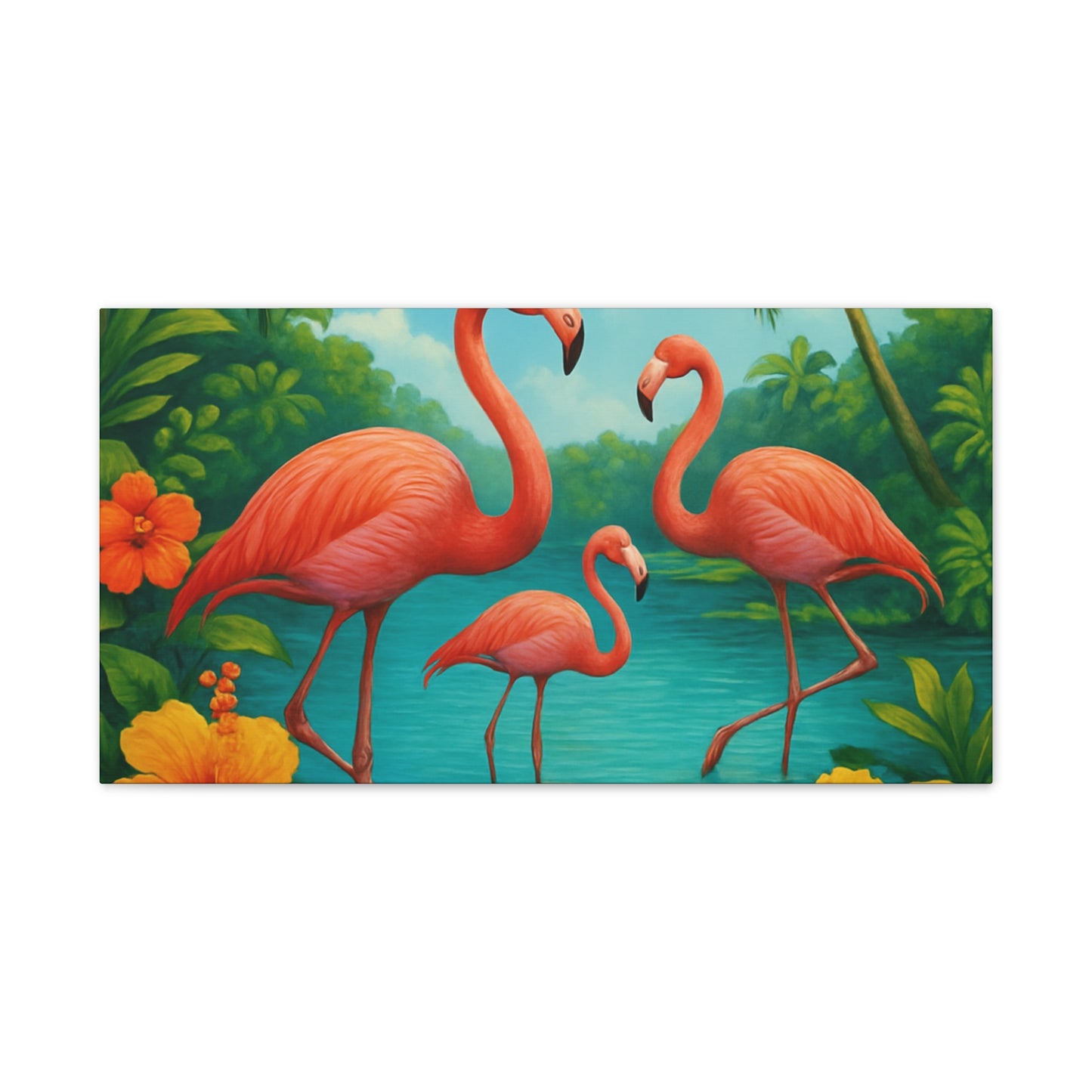 Canvas Wall Art, Tropical Flamingo Scene, Vibrant Nature Decor, Perfect for Living Room, Beach House, Birthday Gift