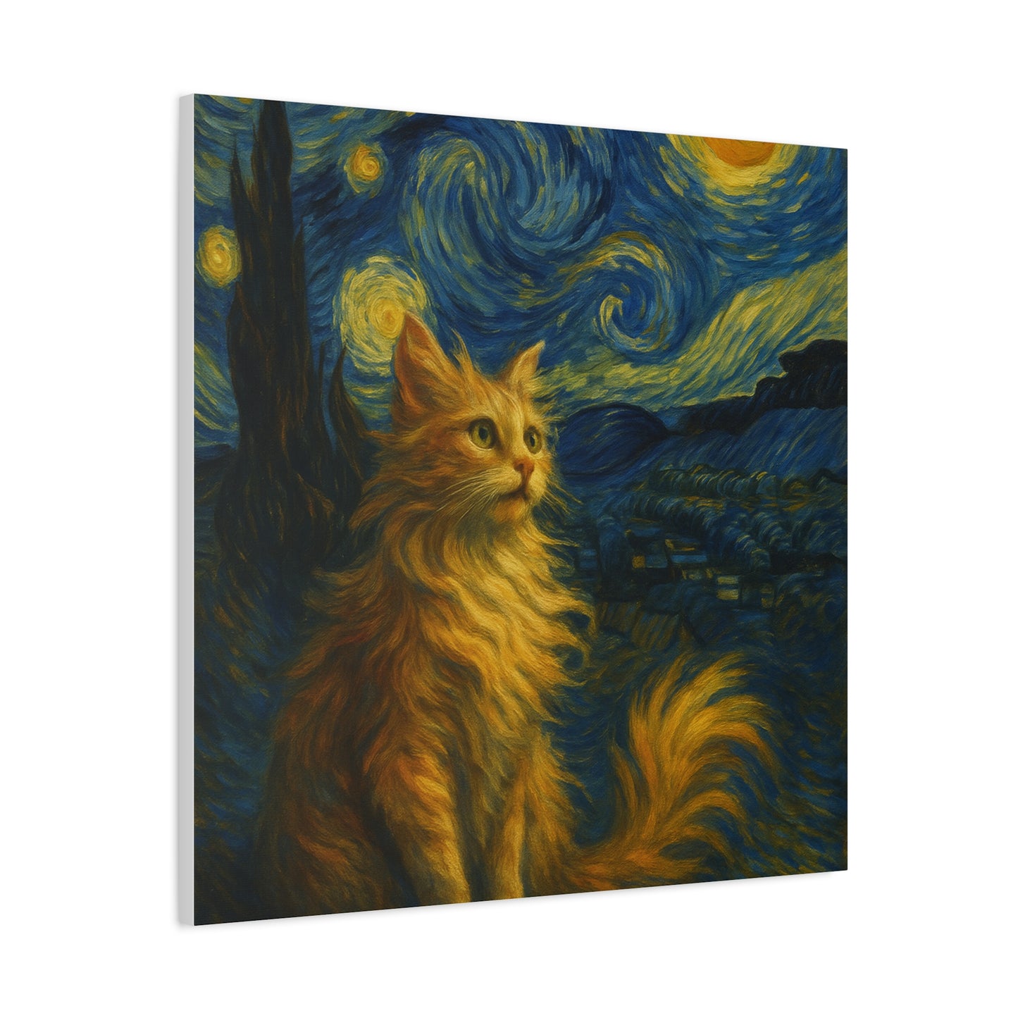 Canvas Print, Cat in Starry Night, Funny Cats, Colourful Vibrant, Matte Wall Art, Stretched Canvas, Home Decor, Gift for Cat Lovers