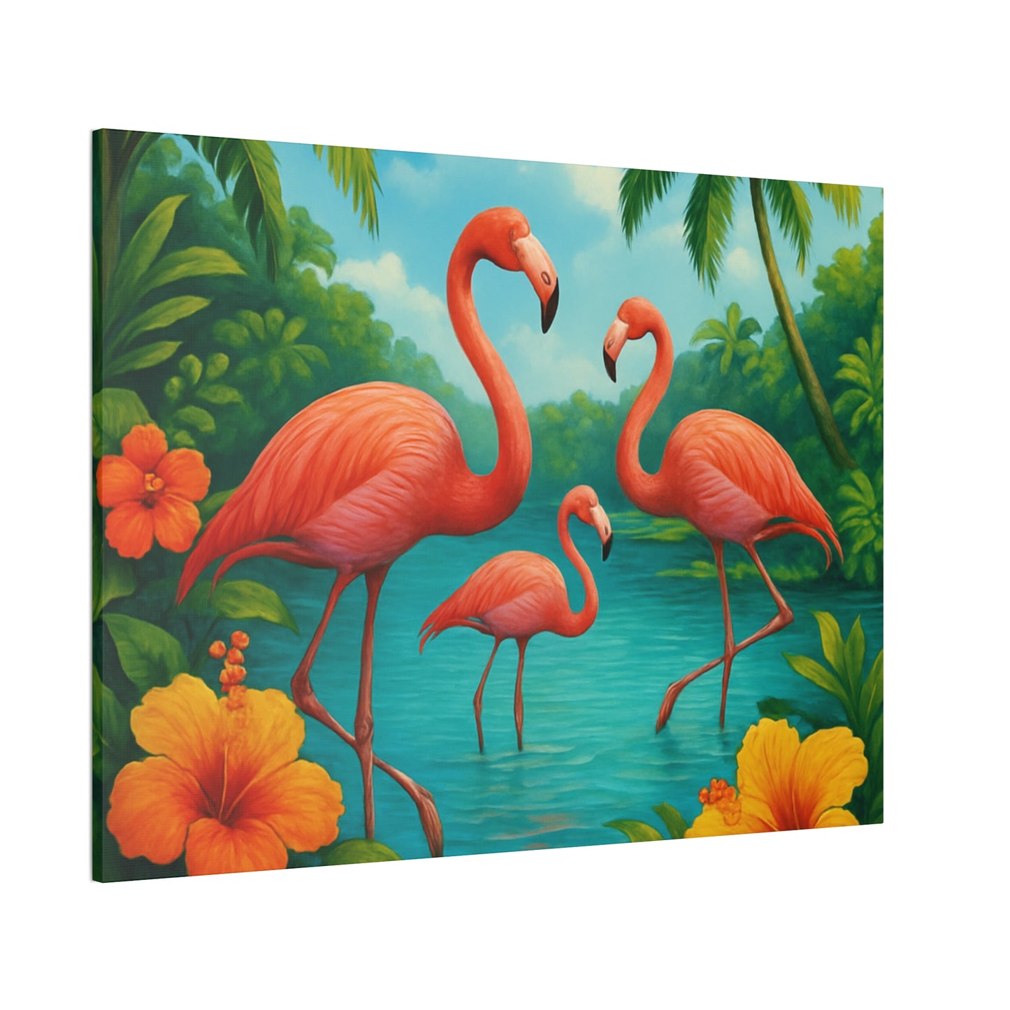 Canvas Wall Art, Tropical Flamingo Scene, Vibrant Nature Decor, Perfect for Living Room, Beach House, Birthday Gift