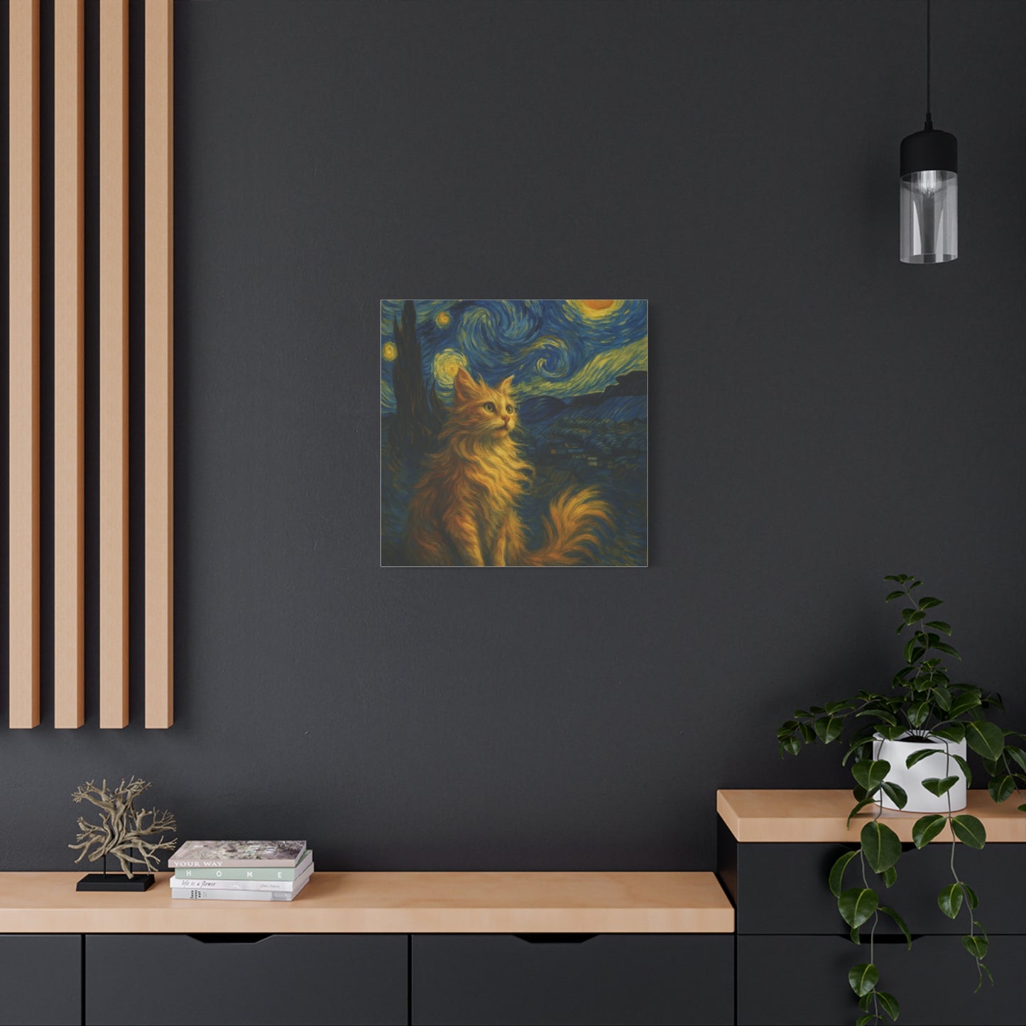 Canvas Print, Cat in Starry Night, Funny Cats, Colourful Vibrant, Matte Wall Art, Stretched Canvas, Home Decor, Gift for Cat Lovers