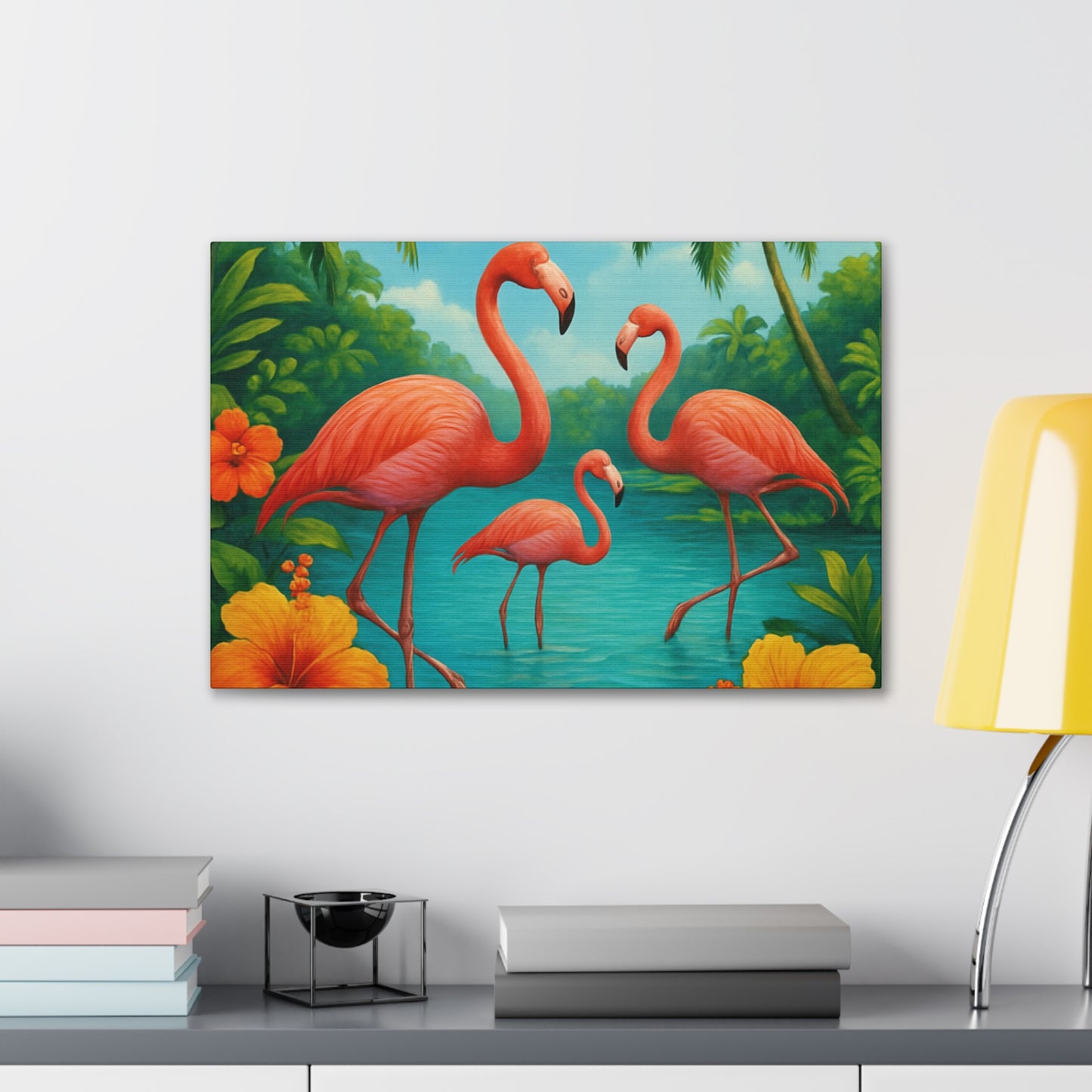Canvas Wall Art, Tropical Flamingo Scene, Vibrant Nature Decor, Perfect for Living Room, Beach House, Birthday Gift