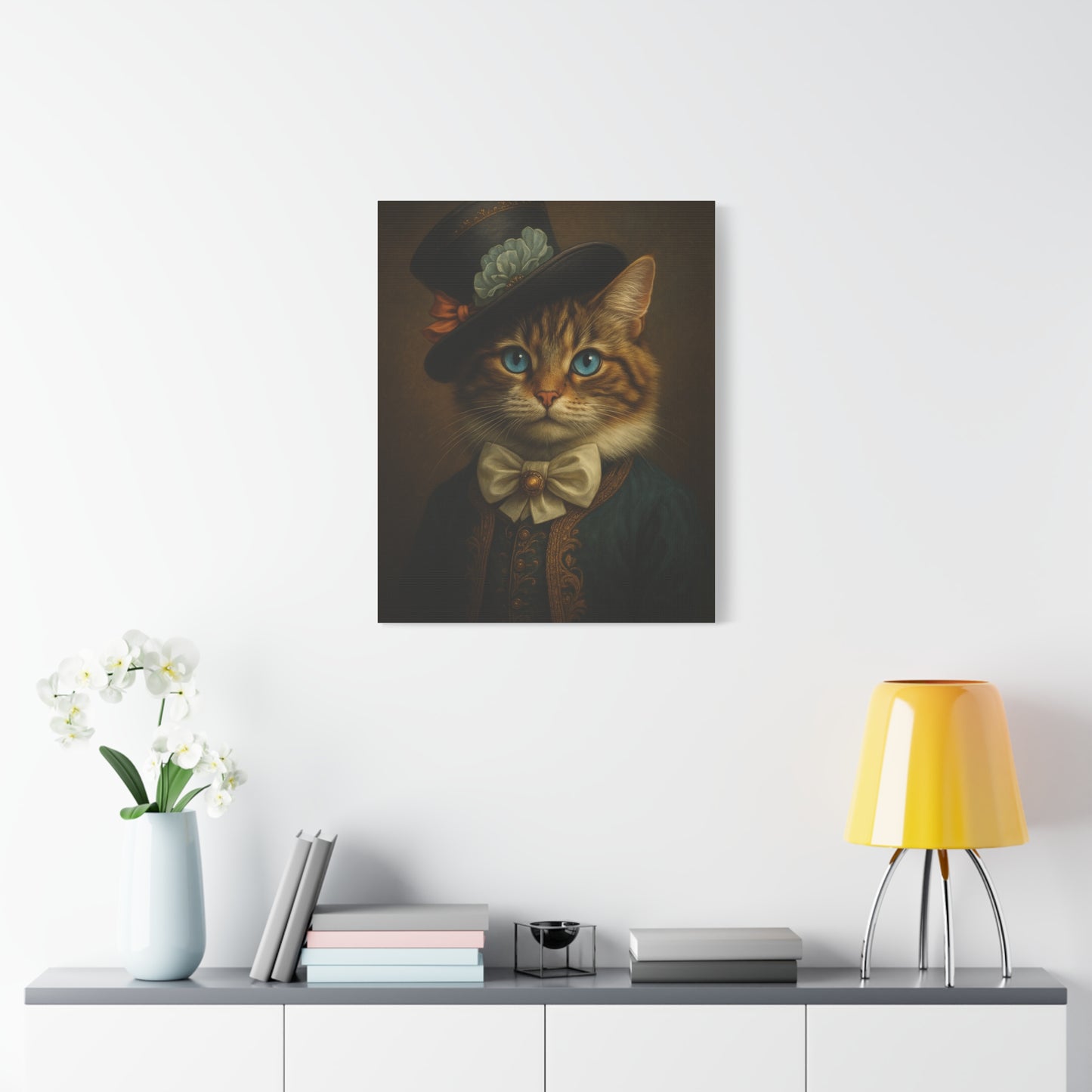 Canvas Wall Art, Whimsical Cat in Fancy Attire, Stretched Matte Canvas Print, Home Decor, Cat Lover Gift, Animal Artwork, Unique