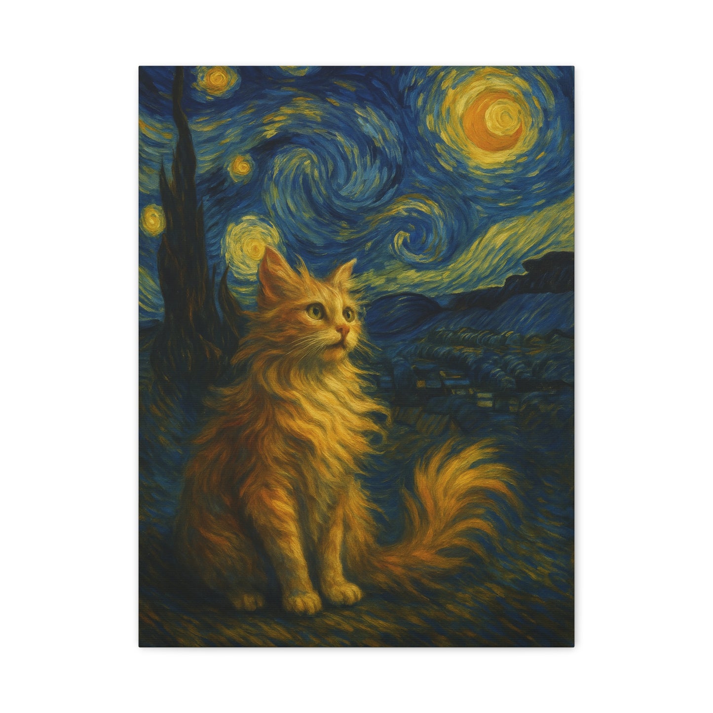 Canvas Print, Cat in Starry Night, Funny Cats, Colourful Vibrant, Matte Wall Art, Stretched Canvas, Home Decor, Gift for Cat Lovers