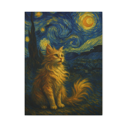 Canvas Print, Cat in Starry Night, Funny Cats, Colourful Vibrant, Matte Wall Art, Stretched Canvas, Home Decor, Gift for Cat Lovers
