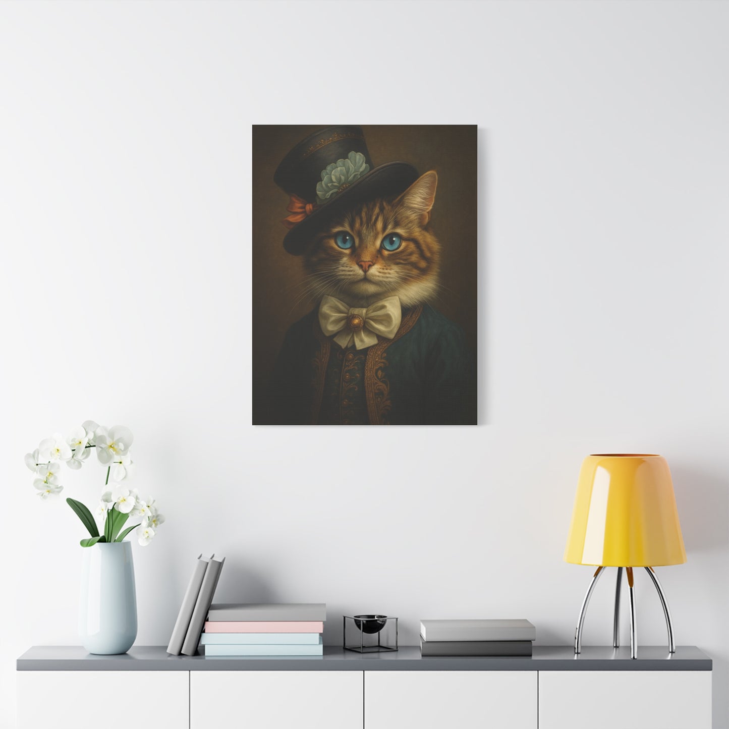 Canvas Wall Art, Whimsical Cat in Fancy Attire, Stretched Matte Canvas Print, Home Decor, Cat Lover Gift, Animal Artwork, Unique
