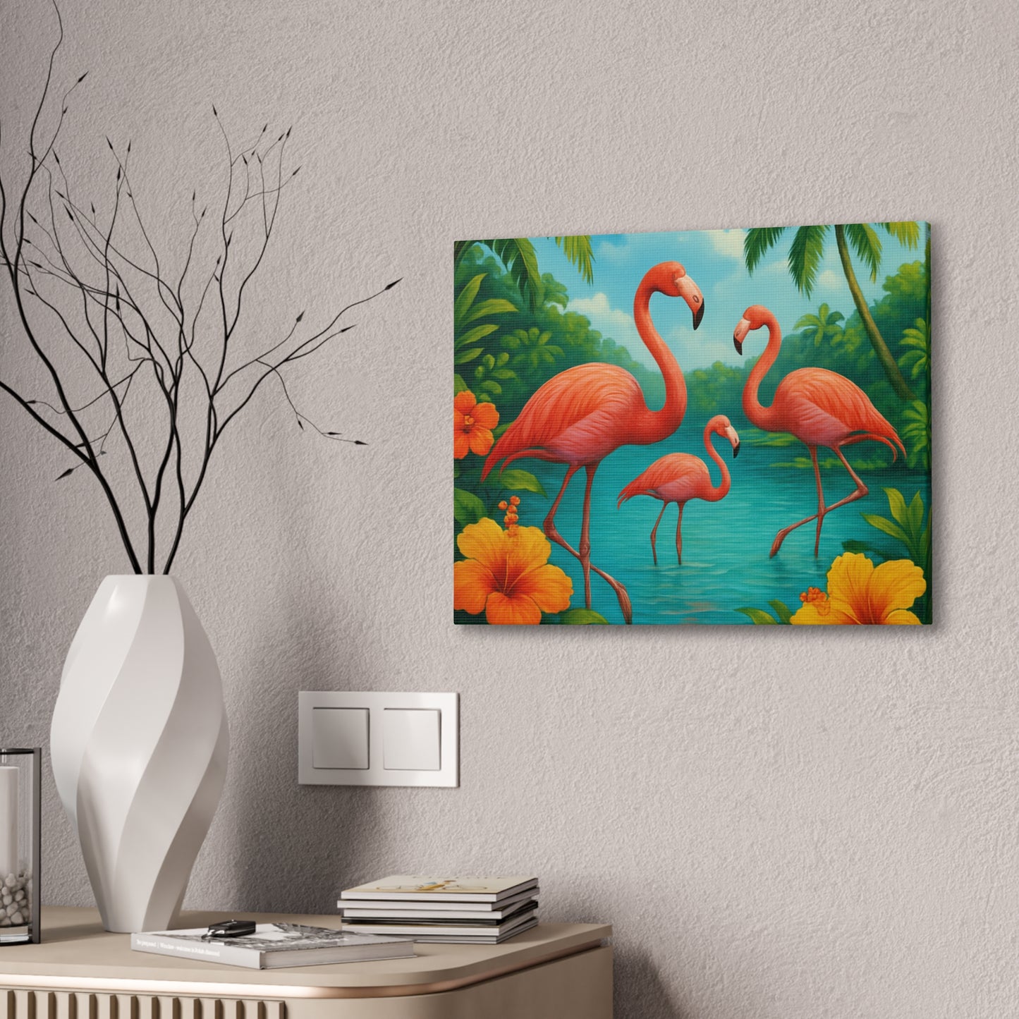 Canvas Wall Art, Tropical Flamingo Scene, Vibrant Nature Decor, Perfect for Living Room, Beach House, Birthday Gift