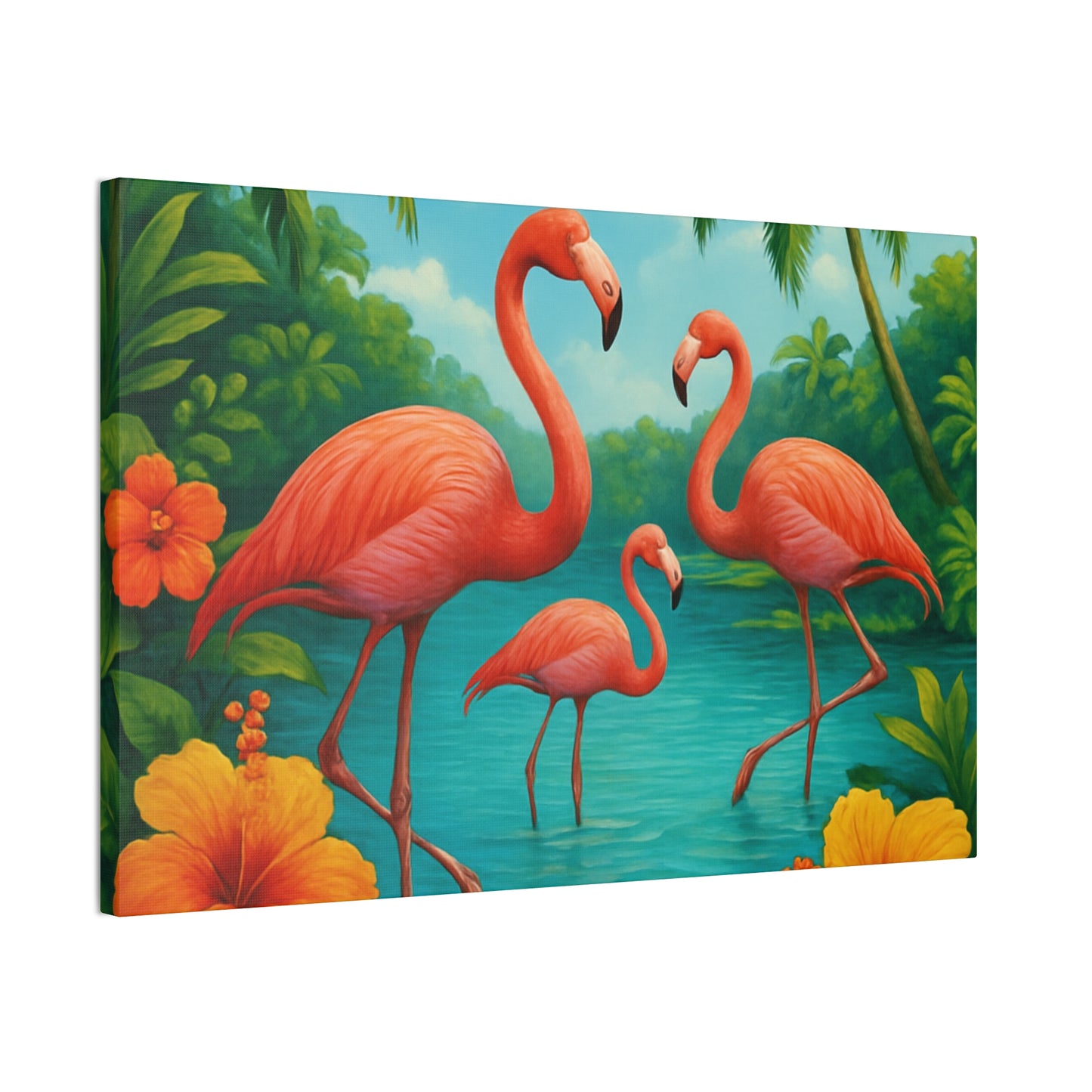 Canvas Wall Art, Tropical Flamingo Scene, Vibrant Nature Decor, Perfect for Living Room, Beach House, Birthday Gift