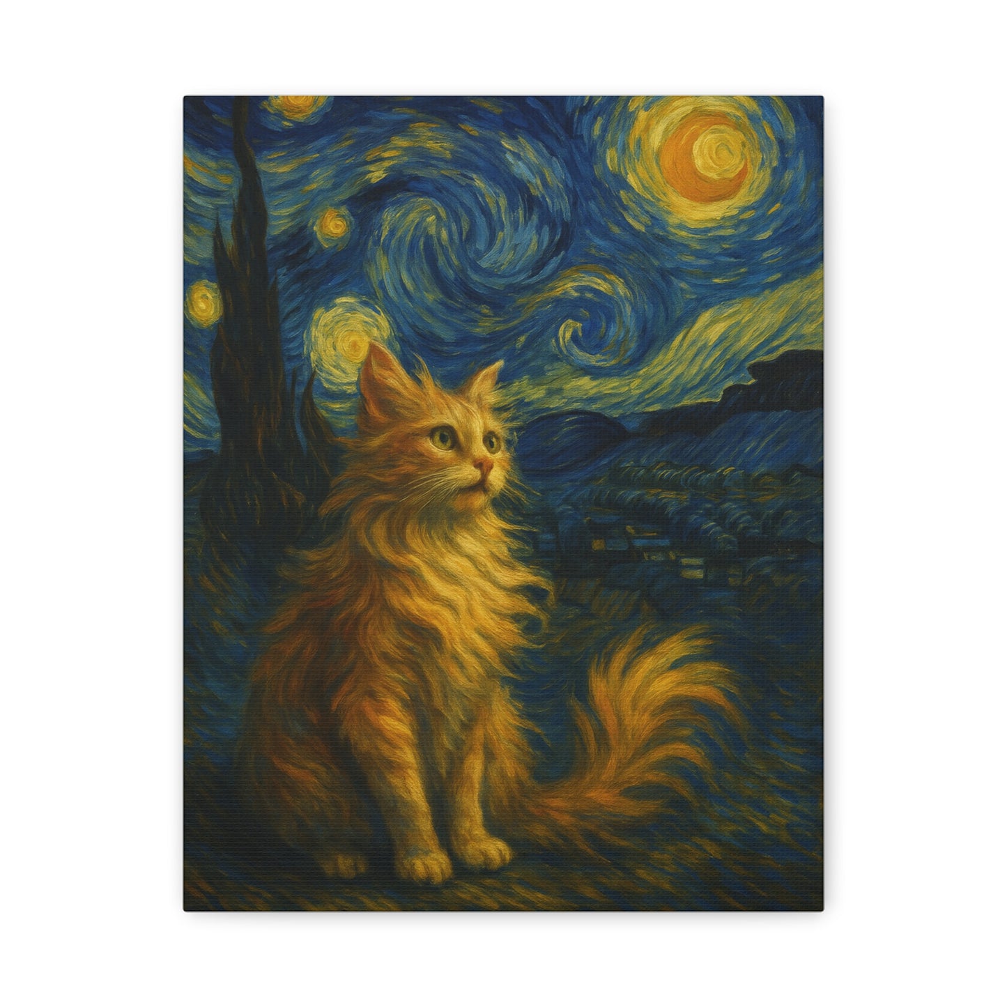 Canvas Print, Cat in Starry Night, Funny Cats, Colourful Vibrant, Matte Wall Art, Stretched Canvas, Home Decor, Gift for Cat Lovers