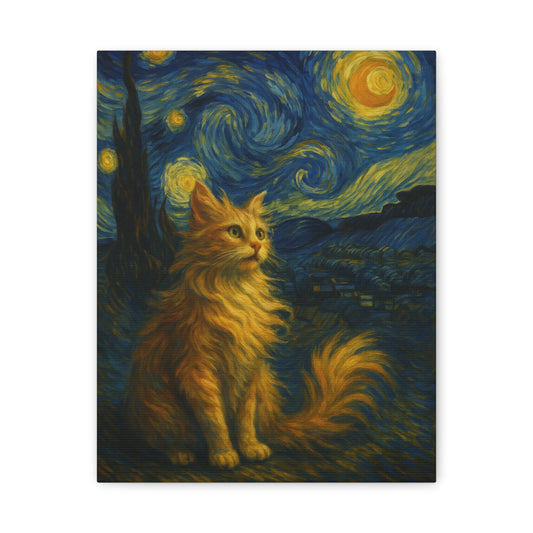 Canvas Print, Cat in Starry Night, Funny Cats, Colourful Vibrant, Matte Wall Art, Stretched Canvas, Home Decor, Gift for Cat Lovers