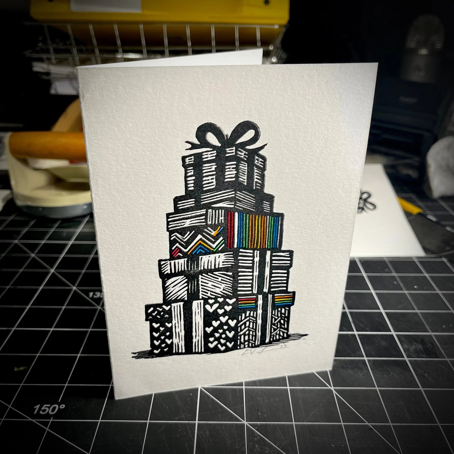 Rainbow Presents Holiday Card | LINOCUT CARD