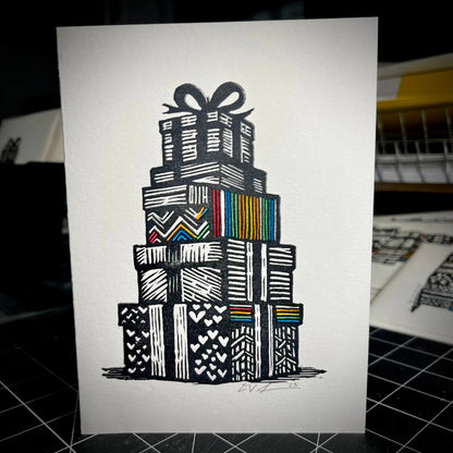Rainbow Presents Holiday Card | LINOCUT CARD