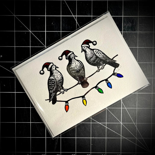 Three Pigeons Slaying Holiday Card | LINOCUT CARD